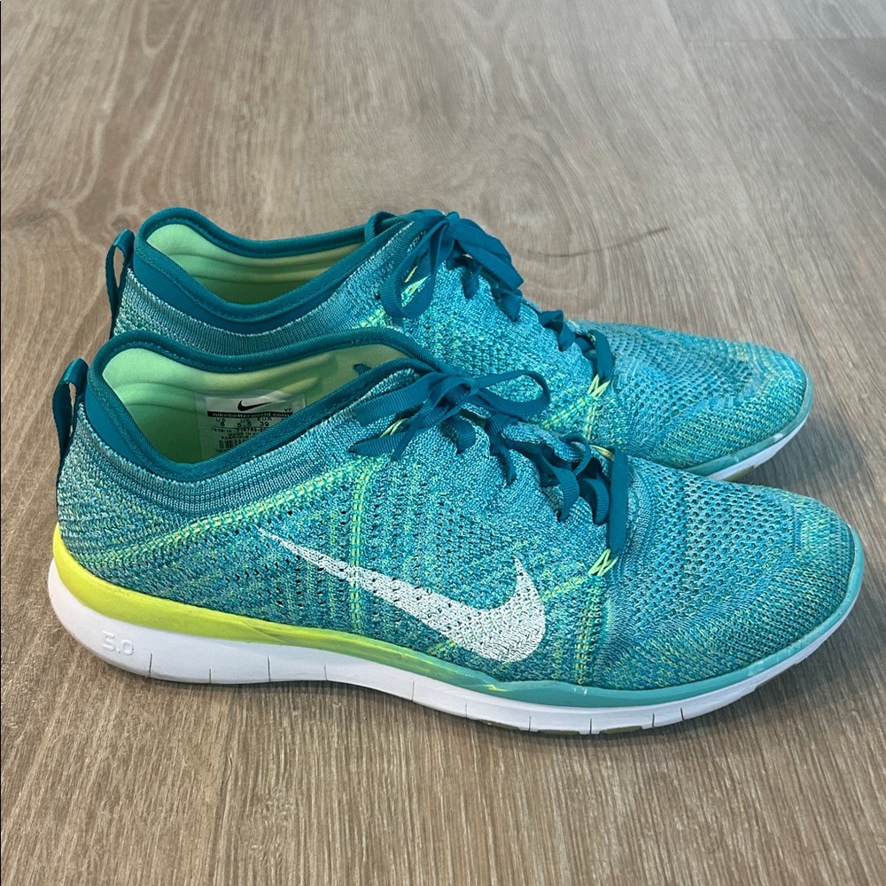 Nike Women's Free 5.0 Flyknit Teal and Neon Yellow Athletic Shoes